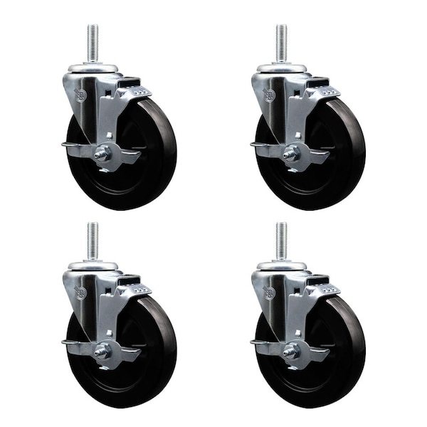 5 Inch Soft Rubber Wheel Swivel 34 Inch Threaded Stem Caster Set with Brake SCC